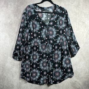 Torrid Blouse Womens Size 2X Black Floral Tunic Button Front 3/4‎ Sleeves V-Neck